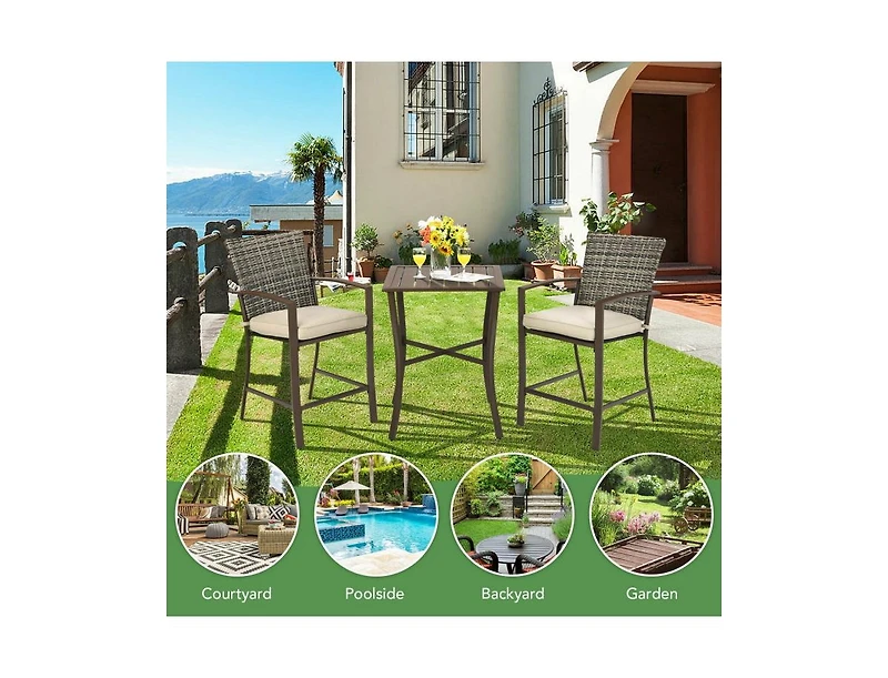 Slickblue 3 Pieces Rattan Bar Furniture Set with Slat Table and 2 Cushioned Stools