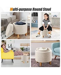 Slickblue Round Fabric Storage Ottoman with Tray and Non-Slip Pads for Bedroom