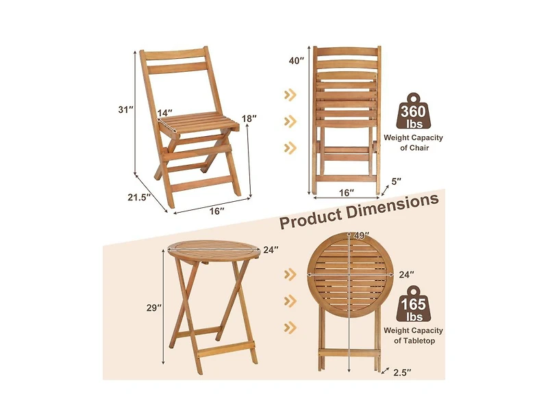 Slickblue 3 Pieces Folding Patio Bistro Set with Slatted Tabletop