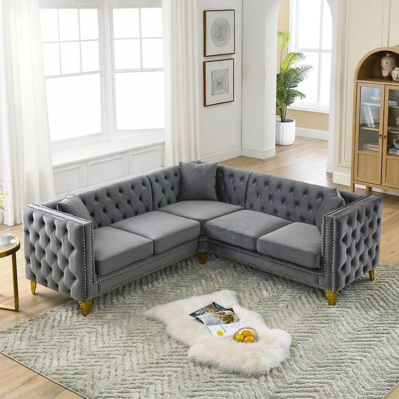 Streamdale 82.2" Velvet L-Shaped Corner Sofa, 5-Seater, 3 Cushions