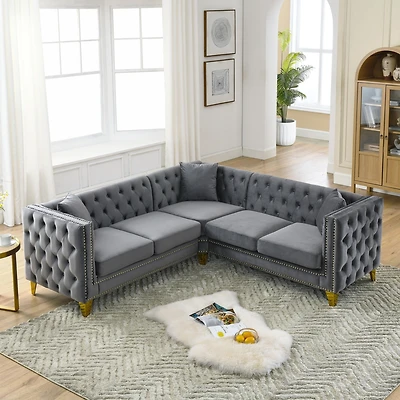 Streamdale 82.2" Velvet L-Shaped Corner Sofa, 5-Seater, 3 Cushions