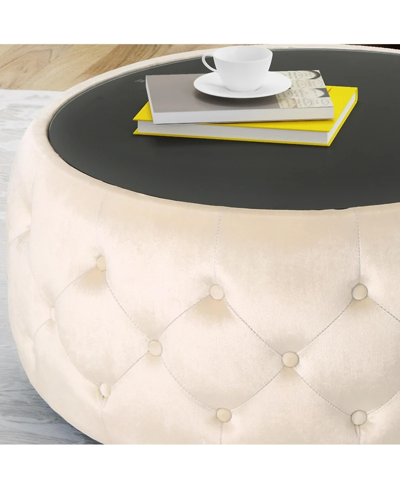 Streamdale Modern Glam Velvet Ottoman with Button-Tufted Stitch and Glass Top