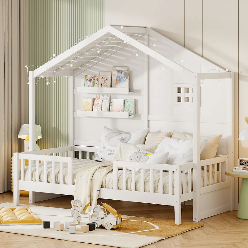 Streamdale Twin House Bed with Shelves, Window, and Lights