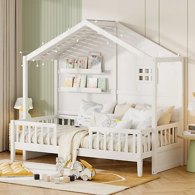 Streamdale Twin House Bed with Shelves, Window, and Lights