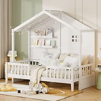 Streamdale Twin House Bed with Shelves, Window, and Lights