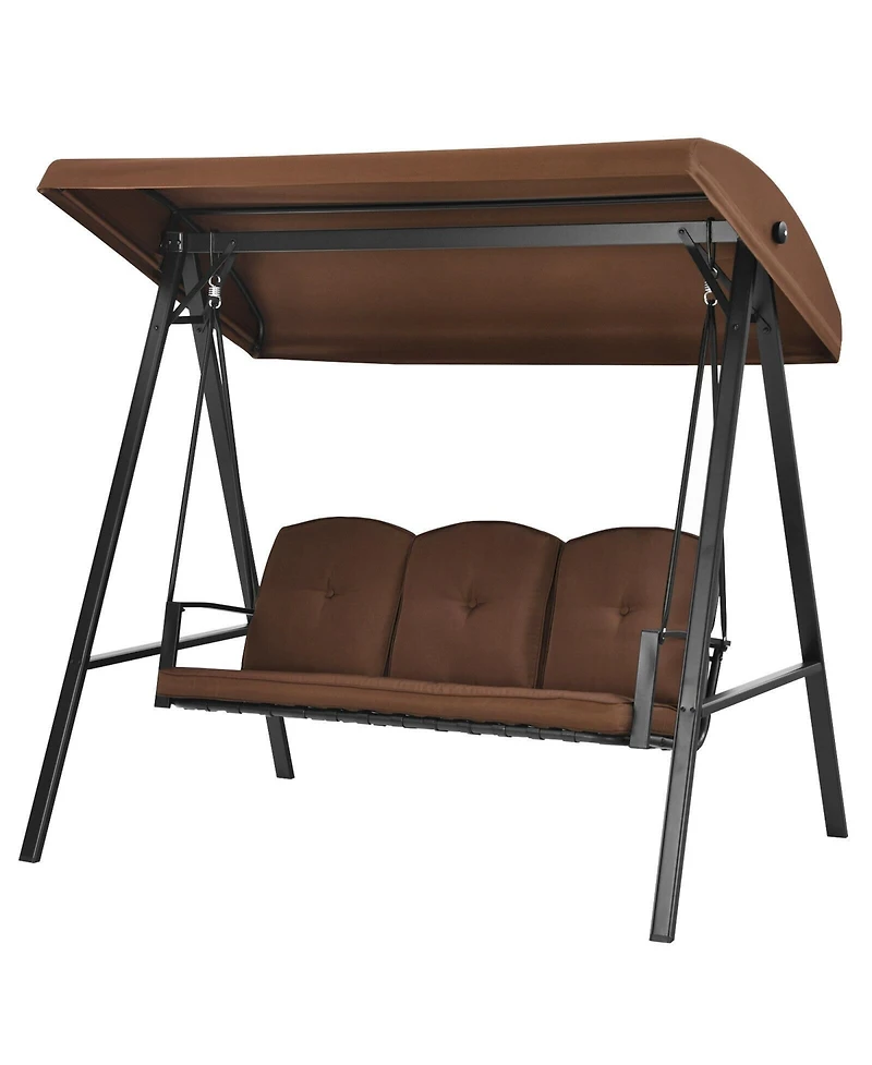Slickblue Outdoor 3-Seat Porch Swing with Adjust Canopy and Cushions-Coffee
