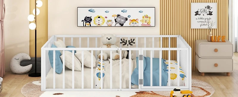 Streamdale Full Metal Floor Bed Frame with Fence and Door, White