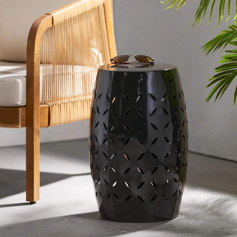 Streamdale Black Barrel-Shaped Lace-Cut Side Table for Patio or Garden