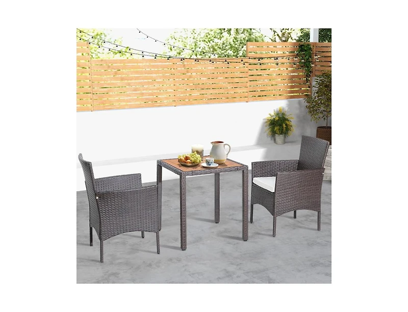 Slickblue 3 Pieces Patio Wicker Furniture Set wih Acacia Wood Table Top and Chair Cushiones