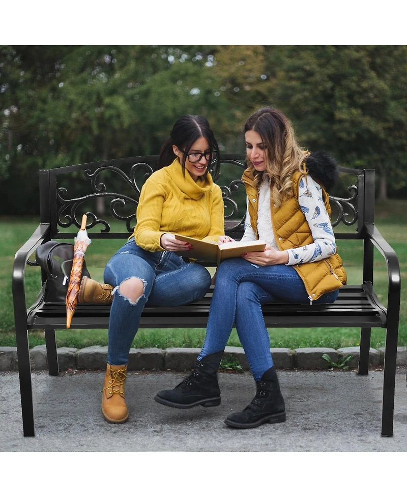 Slickblue 50 Inch Patio Park Steel Frame Cast Iron Backrest Bench Porch Chair