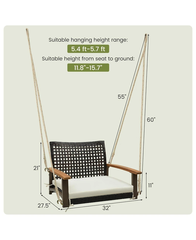 Slickblue Single Rattan Porch Swing with Armrests Cushion and Hanging Ropes-White