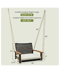 Slickblue Single Rattan Porch Swing with Armrests Cushion and Hanging Ropes-White