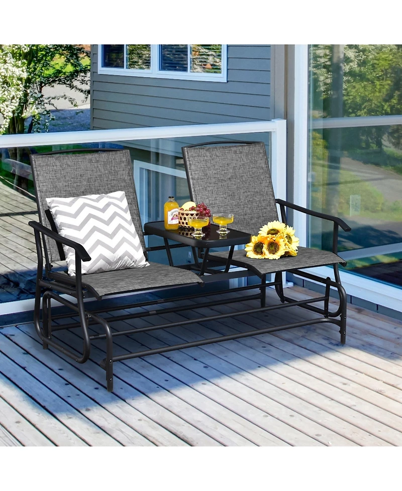 Slickblue 2-Person Double Rocking Loveseat with Mesh Fabric and Center Tempered Glass Table
