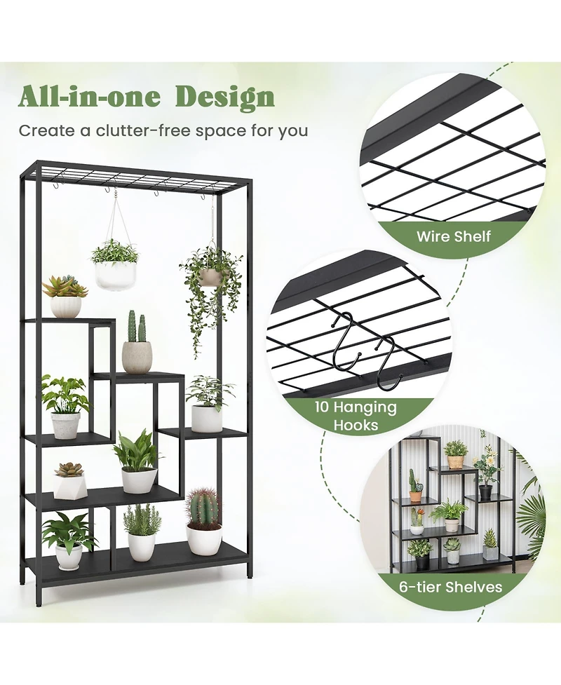 Slickblue 6-Tier Tall Plant Stand 71" Metal Indoor Shelf with 10 Hanging Hooks