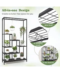 Slickblue 6-Tier Tall Plant Stand 71" Metal Indoor Shelf with 10 Hanging Hooks