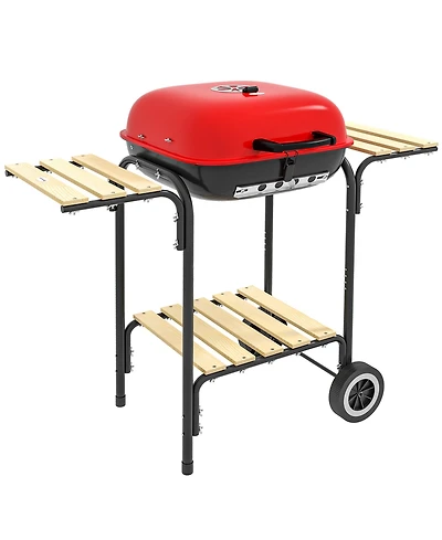 Outsunny Portable Charcoal Grill w/ Wheels Storage, Shelves, 2 Tables,