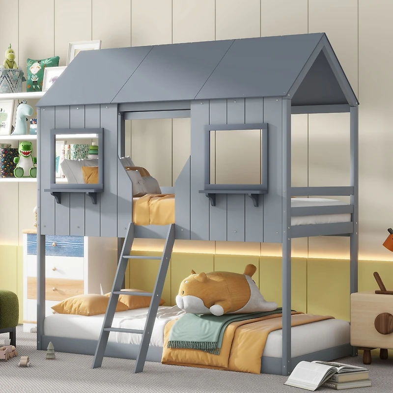 Streamdale Gray Bunk Bed with Roof, Window, and Guardrail