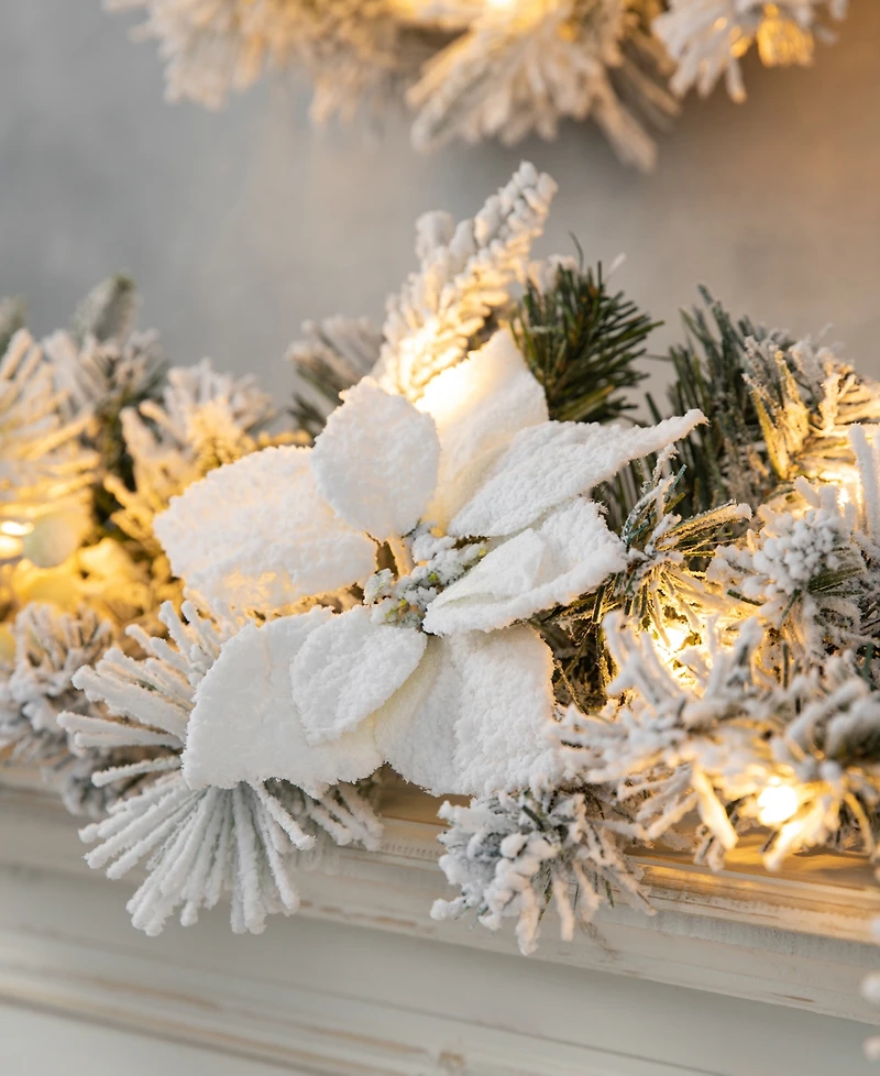 Glitzhome Set of 2 9ft Pre Lit Snow Flocked Greenery Pine Poinsettia Christmas Garland, with 50 Warm White Lights with Timer, Three Function