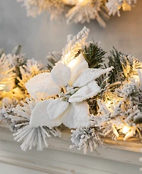 Glitzhome Set of 2 9ft Pre Lit Snow Flocked Greenery Pine Poinsettia Christmas Garland, with 50 Warm White Lights with Timer, Three Function