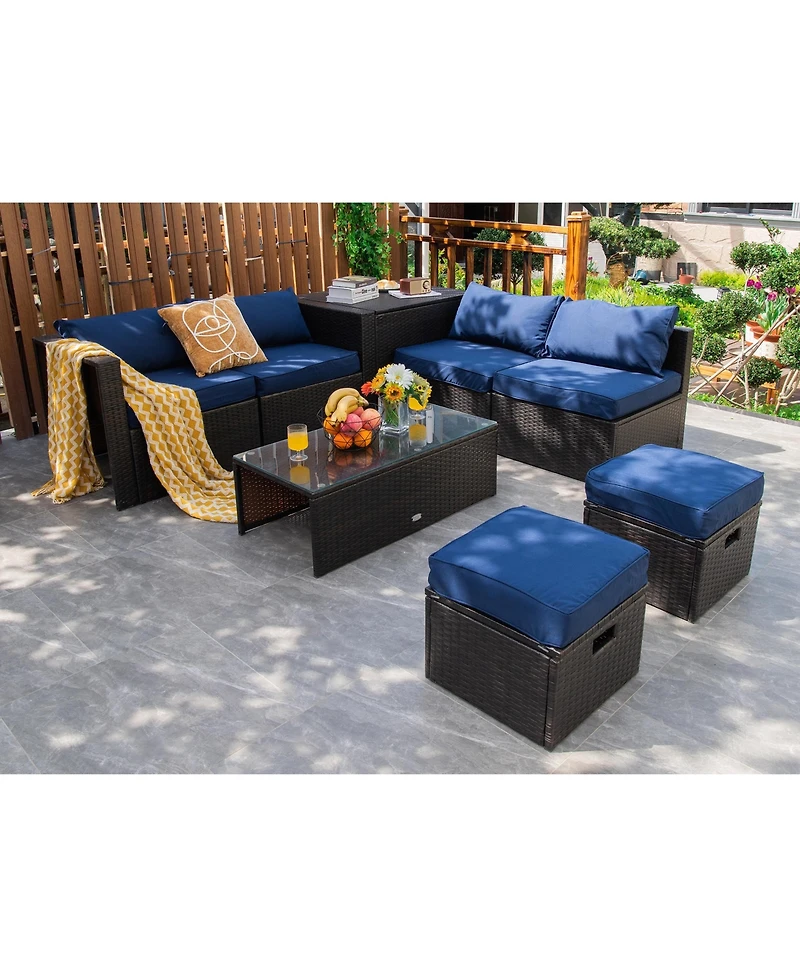 8PCS Patio Rattan Furniture Set Space-Saving Storage Cushion