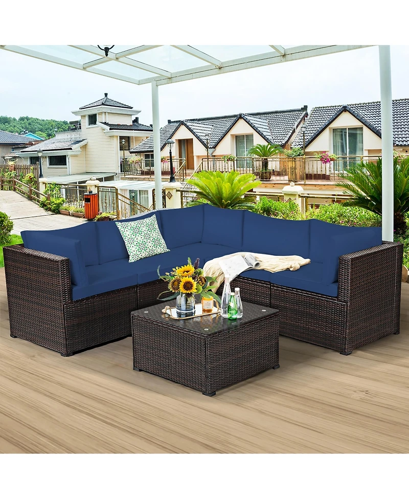 6PCS Patio Rattan Furniture Set Sectional Cushioned Sofa Deck