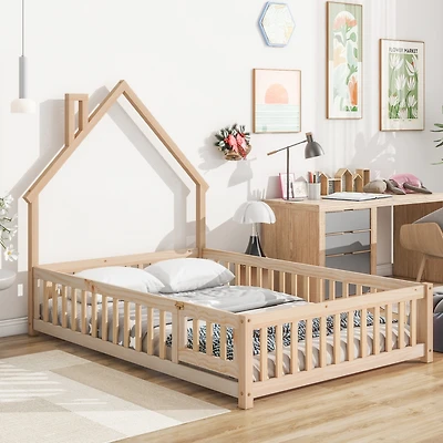 Simplie Fun Full House-Shaped Headboard Floor Bed With Fence, Natural