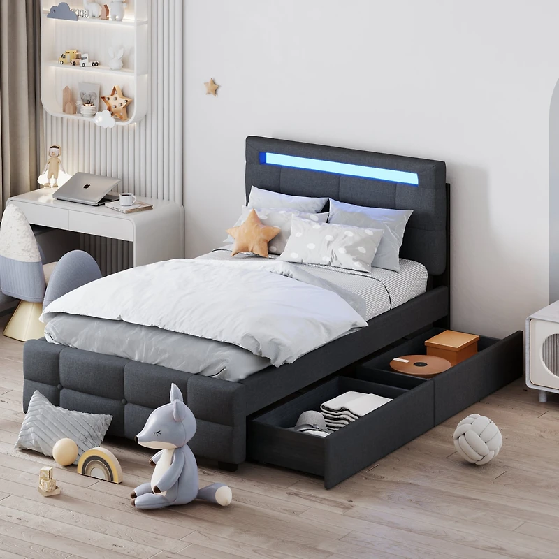 Streamdale Twin Upholstered Led Platform Bed with Drawers
