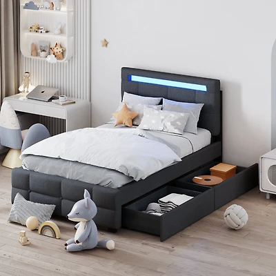 Streamdale Twin Upholstered Led Platform Bed with Drawers