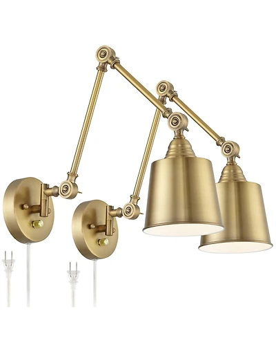 360 Lighting Mendes Modern Swing Arm Wall Lamps Set of 2 Brass Gold Plug-in Light Fixture Metal Shade for Bedroom Bedside Living Room Reading House