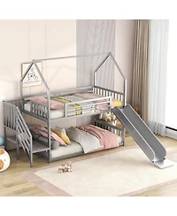 Simplie Fun Twin Size Metal Bunk Bed House Bed With Slide And Staircase