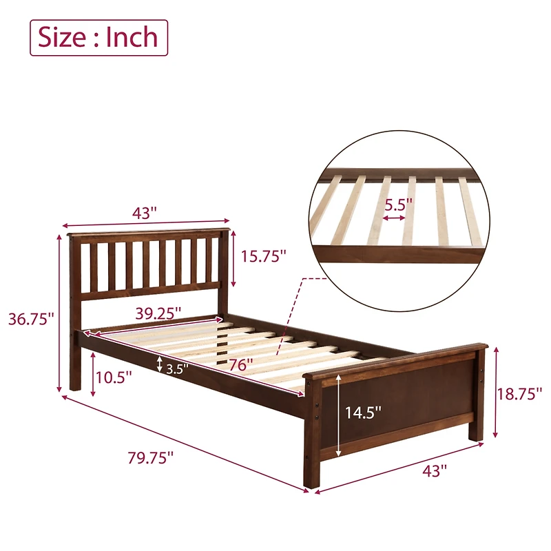 Streamdale Furniture Twin Size Wood Platform Bed With Headboard, Footboard And Wood Slat Support