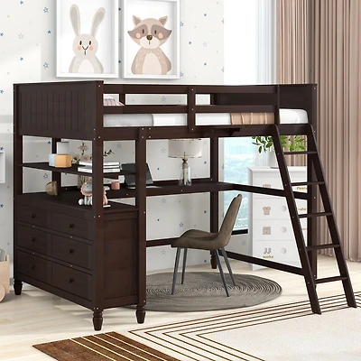 Streamdale Espresso Wooden Loft Bed with Desk and Drawers