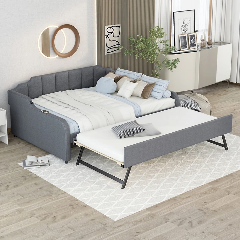 Simplie Fun Full Size Upholstery Daybed With Trundle And Usb Charging Design, Trundle