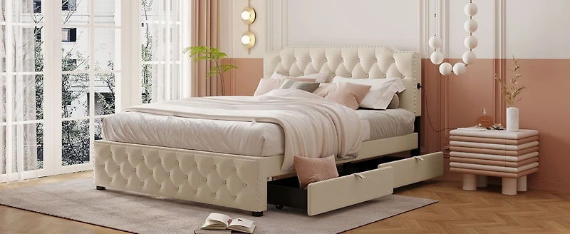 Streamdale Gray Linen Platform Bed with Usb Ports & Drawers