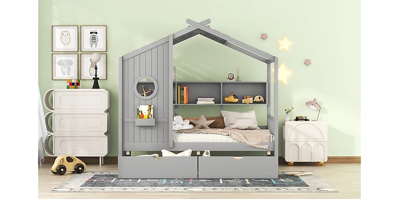 Streamdale Wooden Twin Size House Bed With 2 Drawers, Kids Bed With Storage Shelf