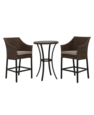 Mondawe 3-Piece Pe Rattan Wicker Patio Conversation Set Outdoor High Bar Chairs and Bistro Table with Gray Cushion