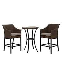 Mondawe 3-Piece Pe Rattan Wicker Patio Conversation Set Outdoor High Bar Chairs and Bistro Table with Gray Cushion