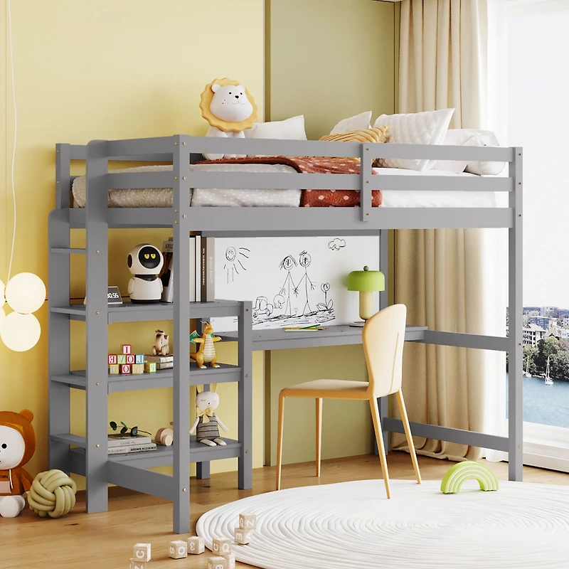 Streamdale Twin Size Wooden Loft Bed With Shelves, Desk And Writing Board