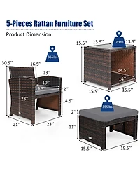 Gymax 5PCS Rattan Patio Furniture Set Chair & Ottoman Set w/ Grey Cushions