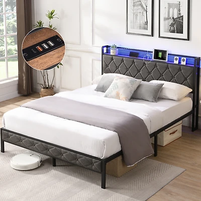Streamdale Upholstered Queen Bed Frame with Storage and Led Lights