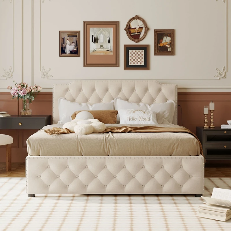 Streamdale Gray Upholstered Queen Platform Bed with Trundle & Usb Ports
