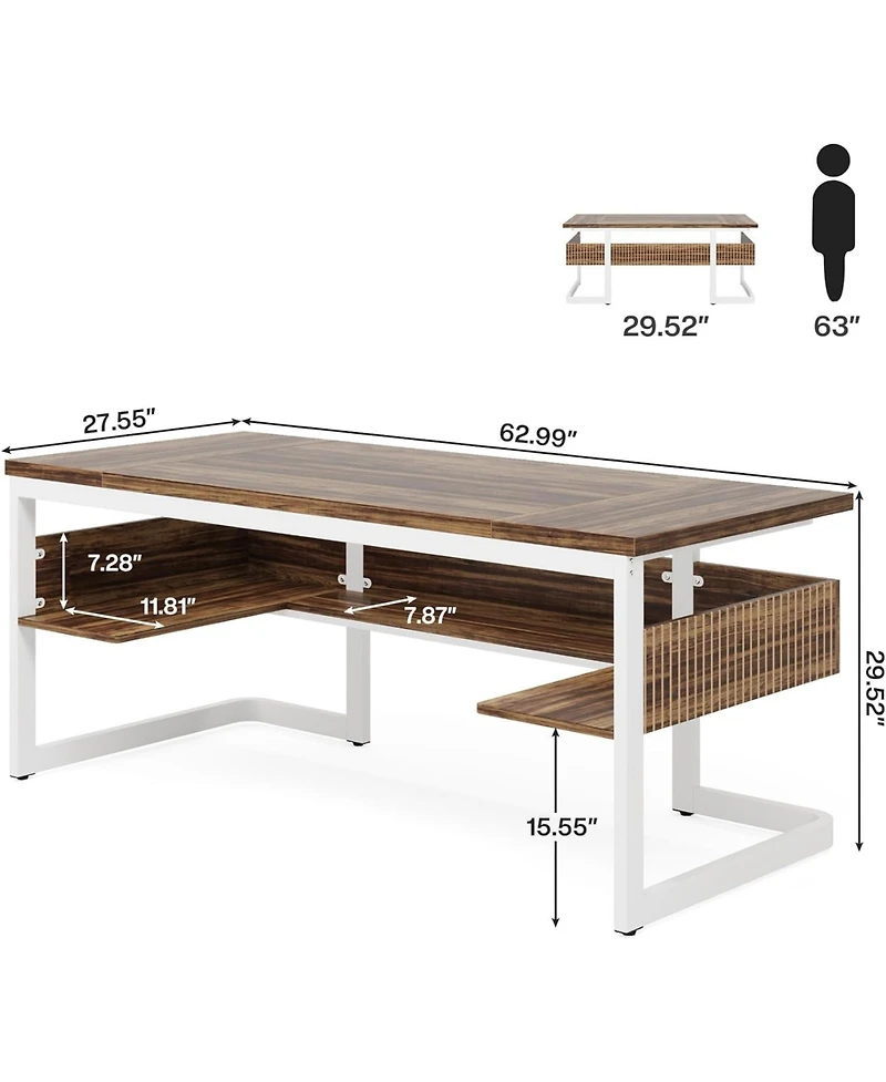 Tribesigns 63" Executive Desk with Bottom Shelves, Large Office Computer Desk, Modern Simple Workstation Business Furniture (Walnut & White)