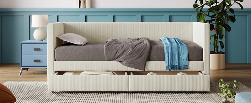 Streamdale Twin Size Corduroy Daybed With Two Drawers And Wood Slat