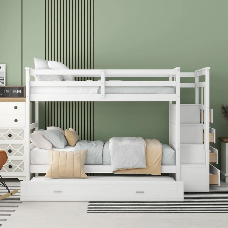 Streamdale Twin Over Bunk Bed With Trundle And Staircase, White
