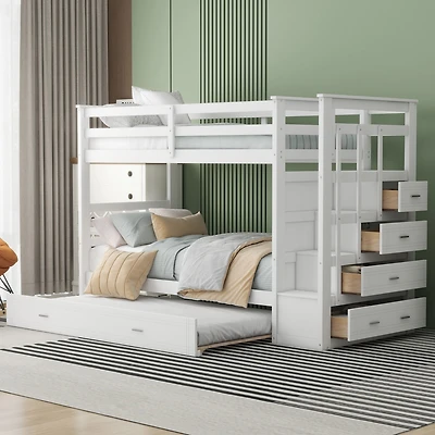 Streamdale Twin Over Bunk Bed With Trundle And Staircase, White