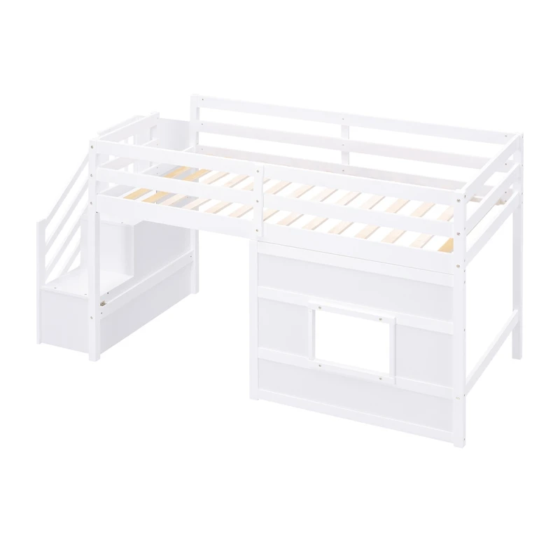 Simplie Fun Twin Size Loft Bed With Storage Staircase And Window, Gray