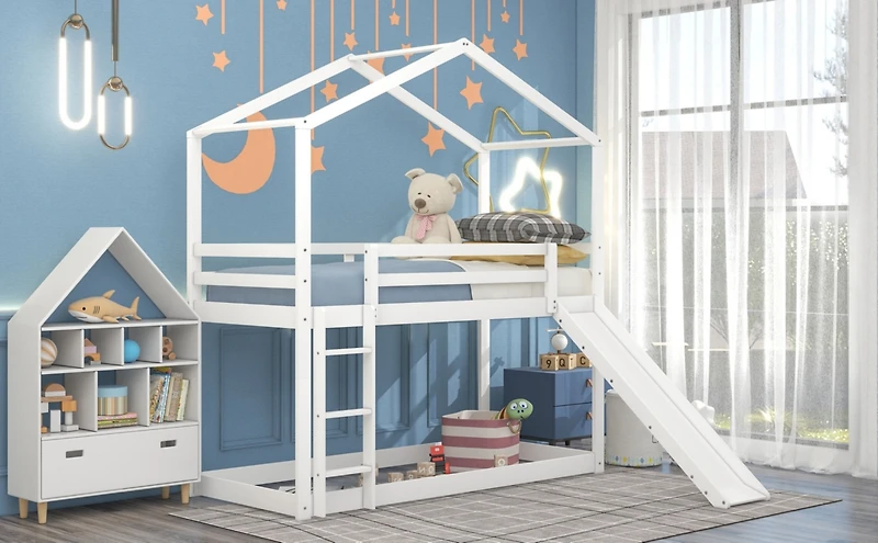 Streamdale Twin Over Twin Bunk Bed With Roof, Slide And Ladder