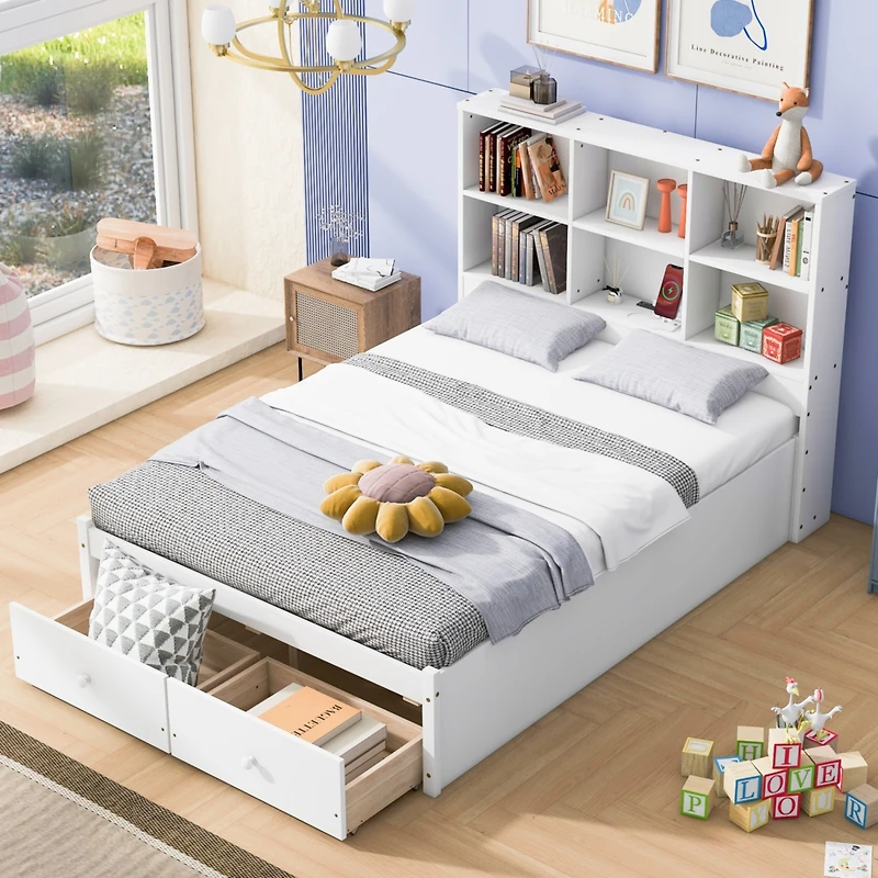 Streamdale Platform Bed with Storage Headboard, Chargers, Drawers