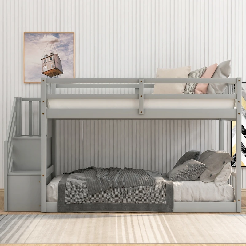 Streamdale Twin Over Twin Floor Bunk Bed, Ladder With Storage