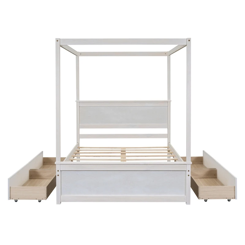 Streamdale Full Size Wood Canopy Bed with Drawers, Brushed White